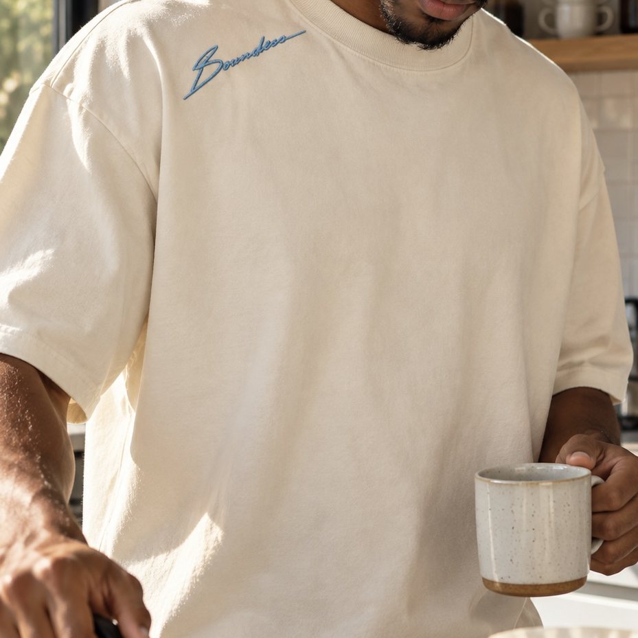 A cream T-shirt with Boundless in blue script near the collar, worn by a person holding a ceramic mug